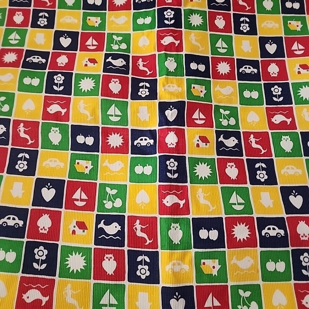 vintage corduroy Children's Fabric. Bright Colors Shapes In Grid Pattern 2 Yards